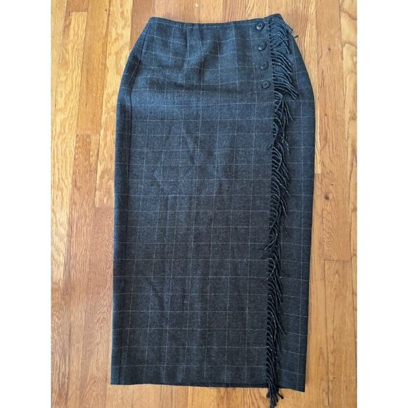 Ralph Lauren Country Dresses & Skirts - Vintage Ralph Lauren Country Womens Size 6 Gray Plaid Wool Wrap Skirt Fringe